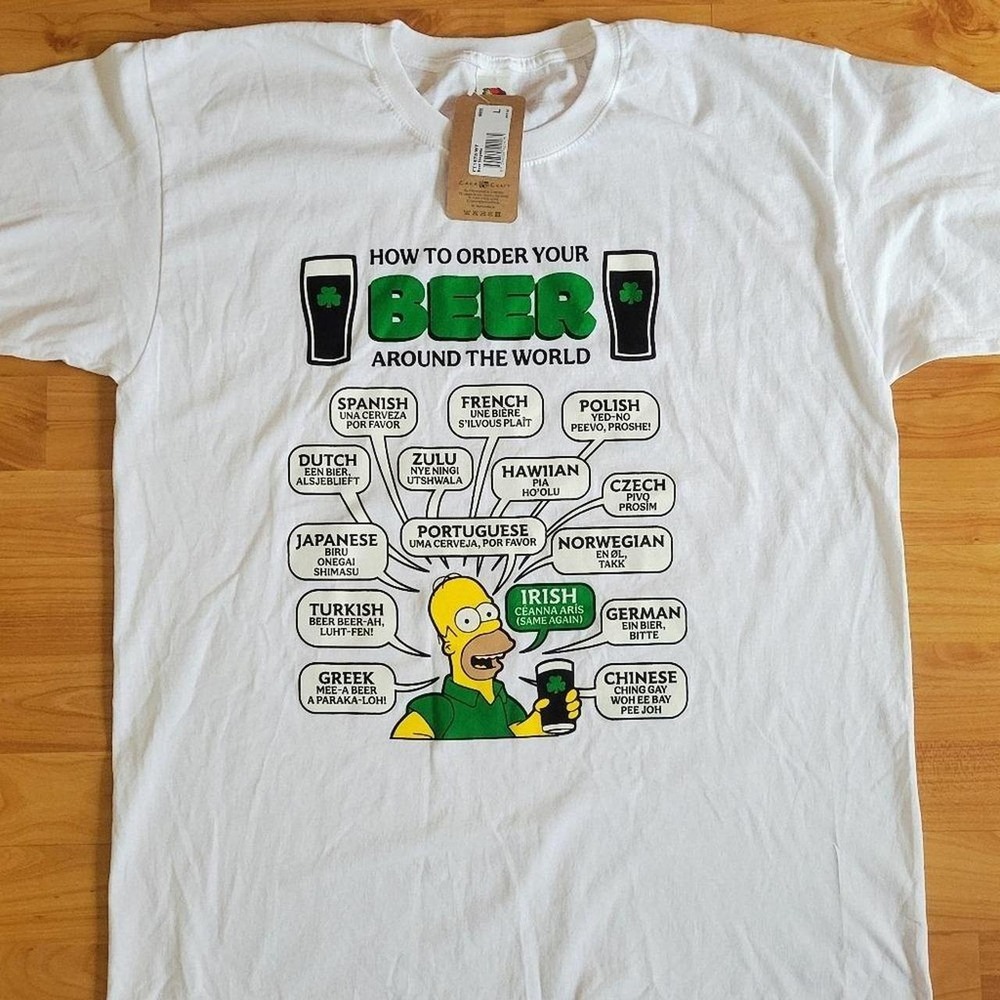 Homer Simpson "How to order beer around the world" funny beer white tee, Large